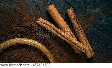 Cinnamon Ground Sticks Ceremony Cocoa Cloves Ground Coffee Spices On Wooden Table Closeup