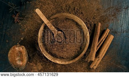 Cinnamon Ground Sticks Ceremony Cocoa Cloves Ground Coffee Spices On Wooden Table Closeup