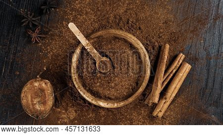 Cinnamon Ground Sticks Ceremony Cocoa Cloves Ground Coffee Spices On Wooden Table Closeup