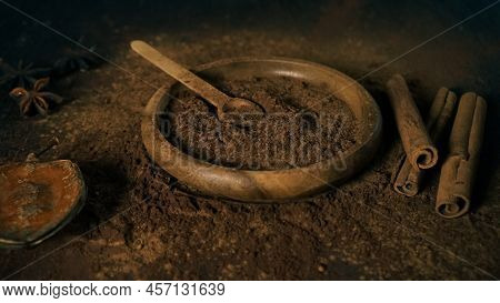 Cinnamon Ground Sticks Ceremony Cocoa Cloves Ground Coffee Spices On Wooden Table Closeup