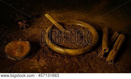 Cinnamon Ground Sticks Ceremony Cocoa Cloves Ground Coffee Spices On Wooden Table Closeup