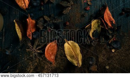 Cinnamon Ground Sticks Ceremony Cocoa Cloves Ground Coffee Spices On Wooden Table Closeup