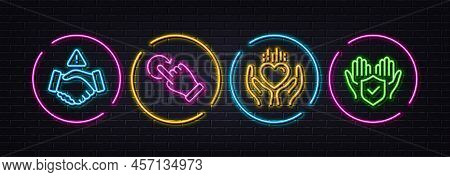 Dont Handshake, Hold Heart And Rotation Gesture Minimal Line Icons. Neon Laser 3d Lights. Insurance 