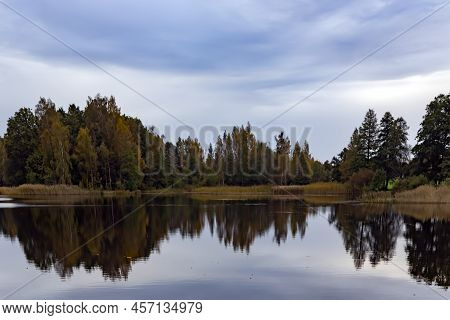 Large Aluksnes Lake In The Aluksne Region Of Latvia On Sunset. The Eleventh Largest Lake In Latvia. 