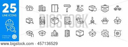 Outline Icons Set. Open Door, Brush And Lighthouse Icons. Construction Toolbox, Skyscraper Buildings