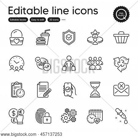 Set Of Business Outline Icons. Contains Icons As Ice Cream, Reject Mail And Vip Table Elements. Time