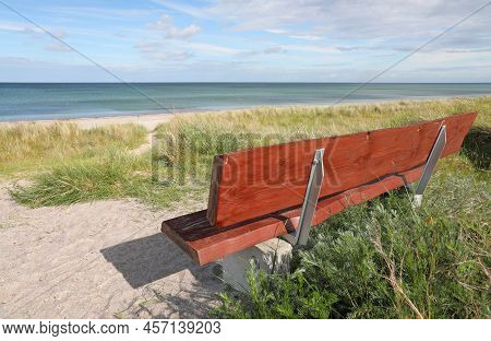 Empty Wooden Bench On A Sand Dune With Dune Grass On A Sunny Morning At Marielyst, Denmark