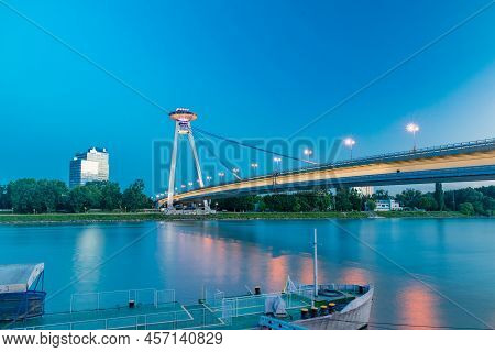 Bratislava, Slovakia - May 31, 2022: Most Snp (bridge Of The Slovak National Uprising) At Dusk. Brid