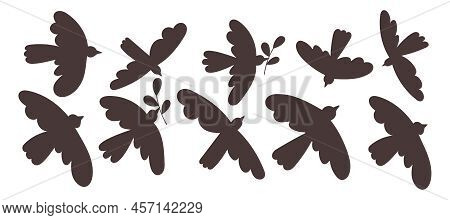 Flying Dove Bird Icon Silhouette Vector Illustration Isolated On White Background. Set Of Pigeon Sha