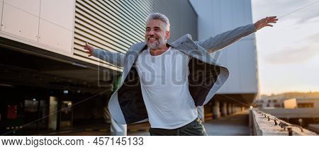 Portrait Of Happy Energetic Mature Businessman With Arms Outstretched Balancing On Wall , Feeling Fr