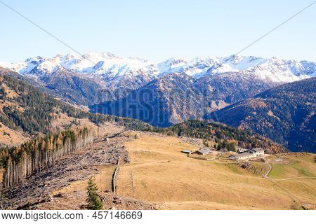 Mocheni Valley Autumn Landscape, Baselga Di Pine, Italy. Mountain View