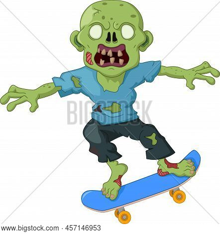 Vector Illustration Of Creepy Zombie Cartoon Riding Skateboarding