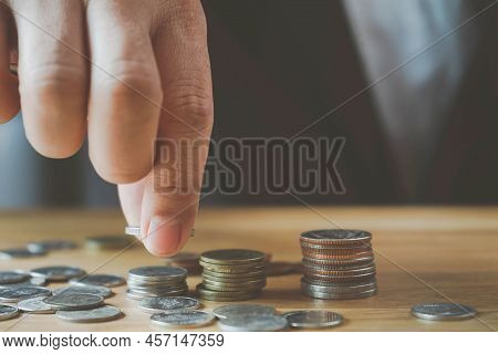 Businessman Coins Stacking On Desk With Note For Planning Money Finance.saving Money, Saving Money C