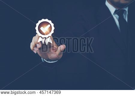Hand Point The Sign Of The Top Service Quality Assurance, Iso Certification And Standardization Conc