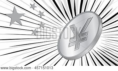 Coin With Chinese Currency Yuan Cny Sign In Rays And Stars From Flag Of China. Banner In Gray Colors