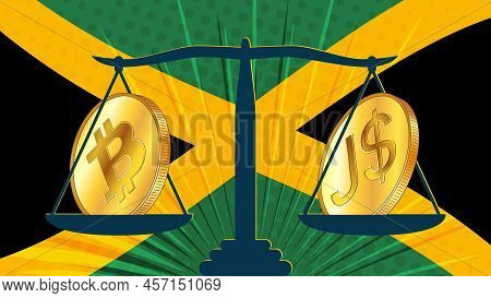 Gold Coin Of Bitcoin Btc And Jamaican Dollar Jmd On Scales And Colored Flag Of Jamaica On Background