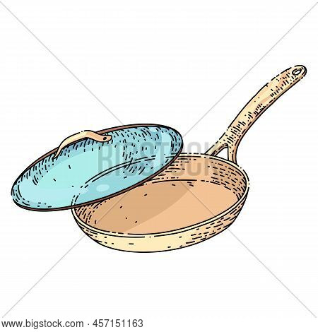 Frying Pan Hand Drawn Vector. Cooking Kitchen, Skillet Cook, Black Iron Pot Frying Pan Sketch. Isola