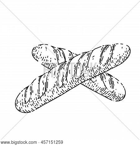 French Bread Hand Drawn Vector. Bakery Food, Vontage Loaf, Baguette Wheat, Pastry French Bread Sketc