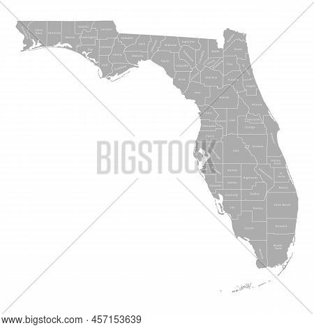 Highly Detailed Gray Map Of Florida, Us State. Administrative Floridian Map With Territory Borders A