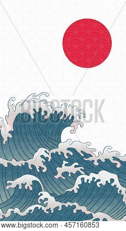 Asian Illustration Of Ocean Waves And Sun. Jupanese Sunset