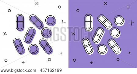 Set Medical Pill Bottle Biohacking Icon Isolated On White And Purple Background. Pharmacy Biohacking