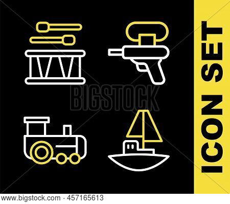 Set Line Water Gun, Toy Boat, Train And Drum With Drum Sticks Icon. Vector
