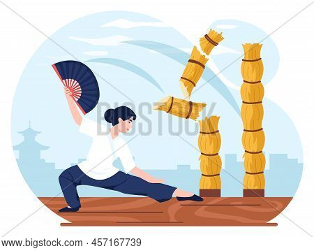 Japanese Martial Art. Fighter In Traditional Clothes Performing