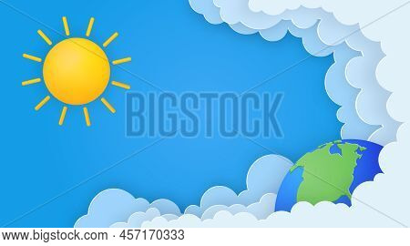 Cute Summer Banner With Sun, Paper Clouds And Earth Planet On Blue Sky Background. Vector Illustrati