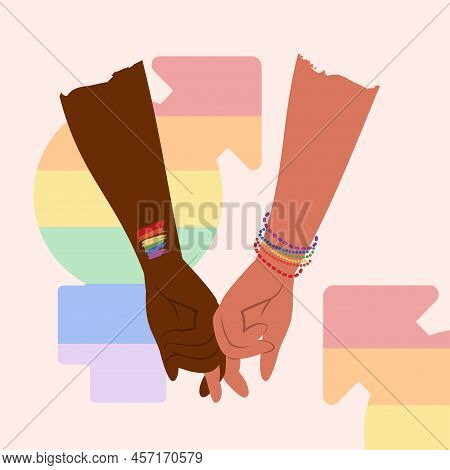 Lgbt Couple Or Family Of Different Skin Holding Hands.  Wedding In Lgbti Community. Human Arms With 