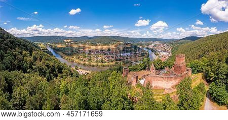Drone Panorama Over River Main In Germany With Village Freudenberg