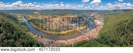 Drone Panorama Over River Main In Germany With Village Freudenberg