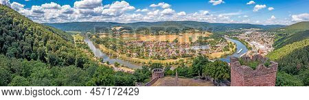 Drone Panorama Over River Main In Germany With Village Freudenberg