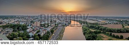 Drone Panorama Over Main River And Offenbach With Frankfurt Skyline