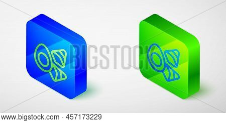 Isometric Line Chicken Egg With Vegerables Icon Isolated On Grey Background. Blue And Green Square B