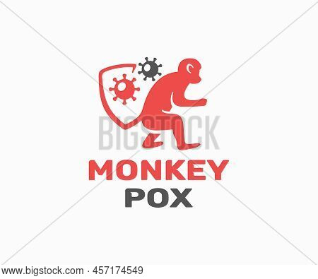 Monkeypox Virus Outbreak Pandemic Logo Design. Monkey With Shield-shaped Tail And Bacteria And Virus