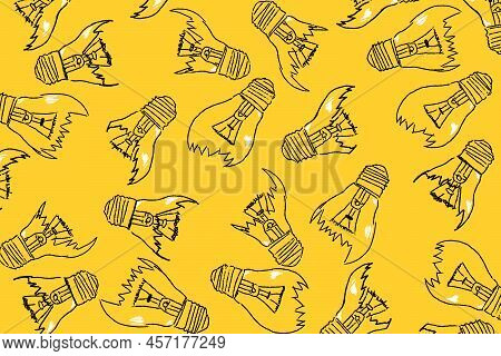 Set Of Broken Down Light Bulbs Hand Drawn On A Yellow Background. Uninspired Or Motivation, Burnout 