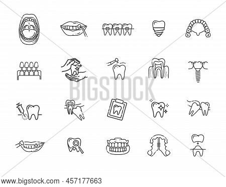 Thin Line Vector Icons Of Dental Clinic Services, Stomatology, Dentistry, Orthodontics