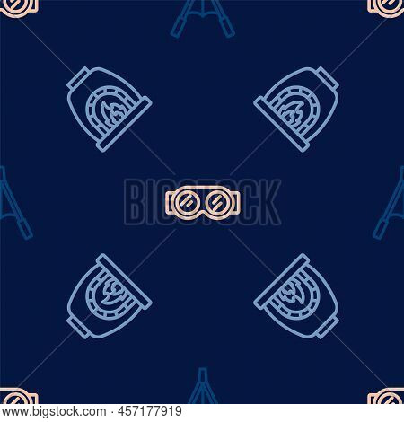 Set Line Air Blower Bellows, Blacksmith Oven And Welding Glasses On Seamless Pattern. Vector