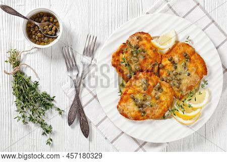 Delicious Chicken Piccata Of Parmesan Breaded Seared Chicken Breasts With Lemon Butter Caper Sauce O