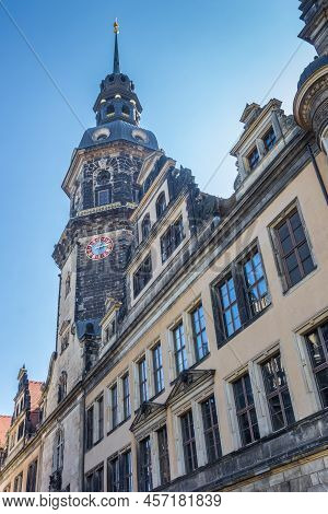 Historic Hausmannsturm Tower And Old Houses In Dresden, Germany