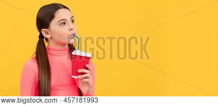 Thougtful Child Hold Plastic Cup With Cocoa. Express Human Emotions. Take Away Beverage. Horizontal 