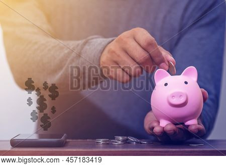 Save Money And Account Banking For Finance Concept, Piggy Bank With Coin On Blurred Background, Save