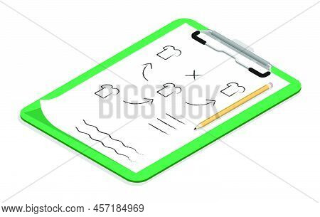 Isometric Tablet With With Plan Diagram Of Arrangement Of Players On Football Field. Leading Coach B