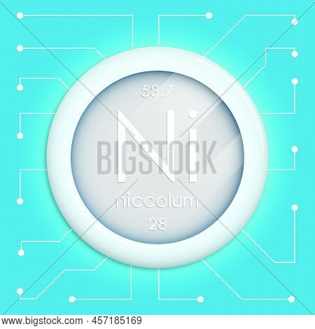 Realistic Button With Niccolum Symbol. Chemical Element Is Nickel. Vector Isolated On White Backgrou