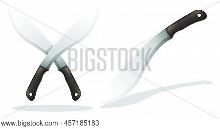Realistic Sharp Knife Machete. Melee Weapon Of Hunter In Jungle. Crossed Machetes, Symbol Of Pirates