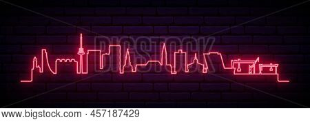 Red Neon Skyline Of Kiel. Bright Kiel City Long Banner. Vector Illustration.