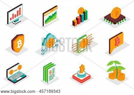 Cryptocurrency Concept 3d Isometric Icons Set. Pack Isometry Elements Of Bitcoin, Blockchain, Trends