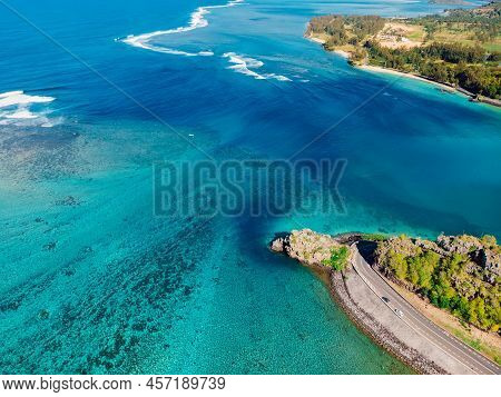Maconde Point And Blue Ocean, Aerial View. Scenic Cape In Mauritius Island