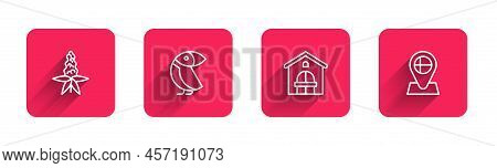 Set Line Lupine Flower, Albatross, Farm House And Location Flag Iceland With Long Shadow. Red Square