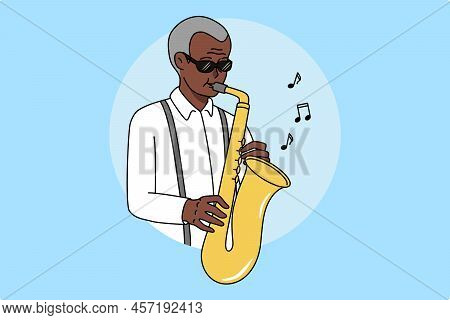 African American Man Playing On Saxophone. Black Jazzman In Glasses Play Jazz On Musical Instrument.
